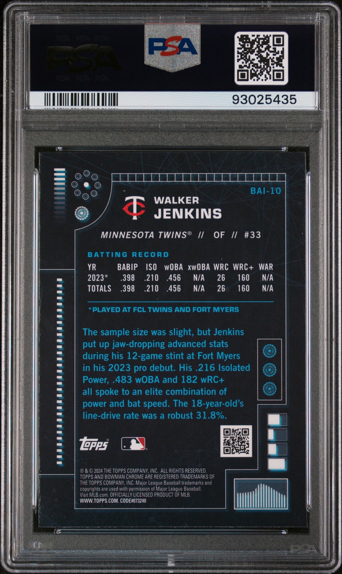 2024 Bowman Bowman Ai Walker Jenkins #BAI10 PSA 10