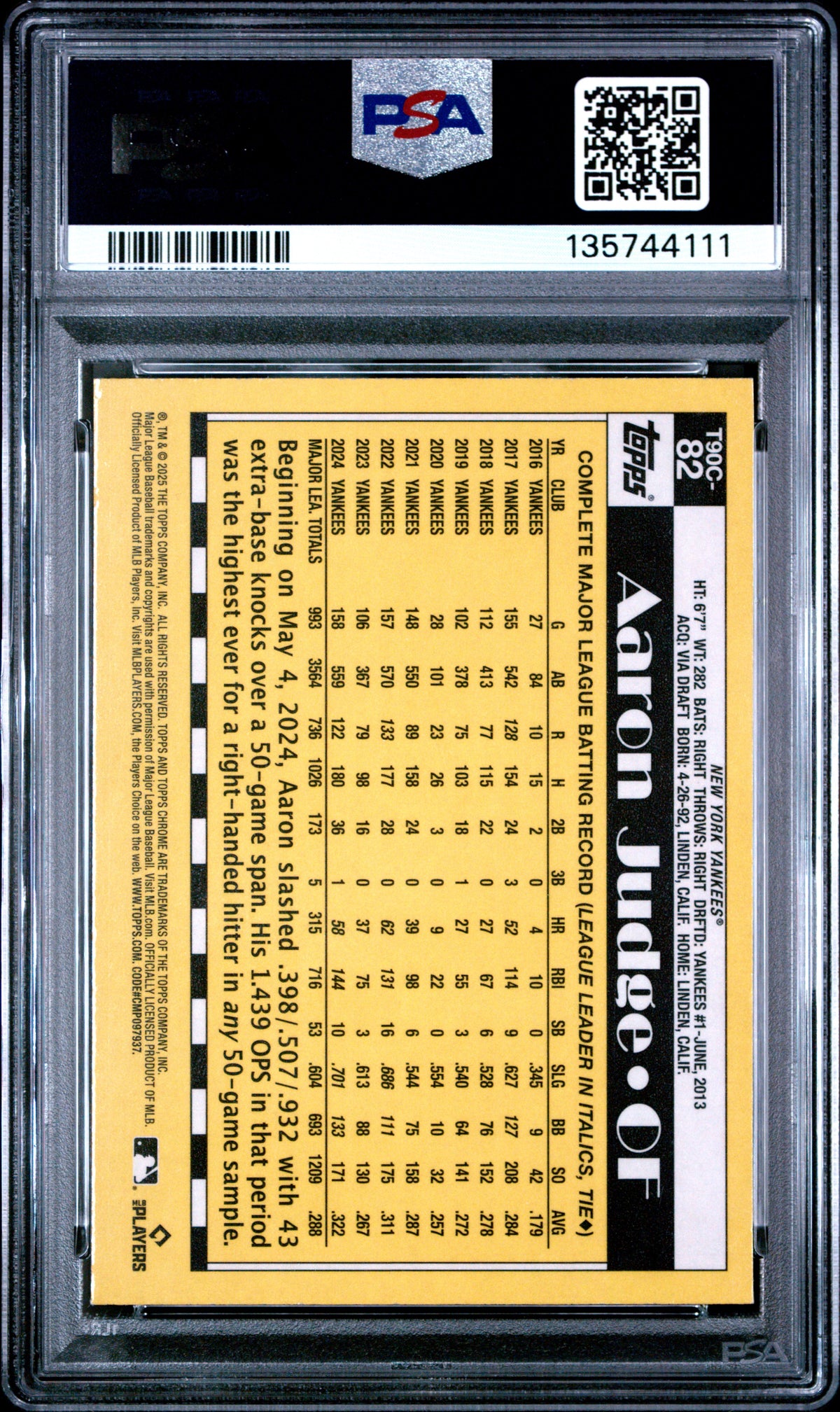 2025 Topps Silver Pack 1990 Chrome Promo Aaron Judge #82 PSA 8