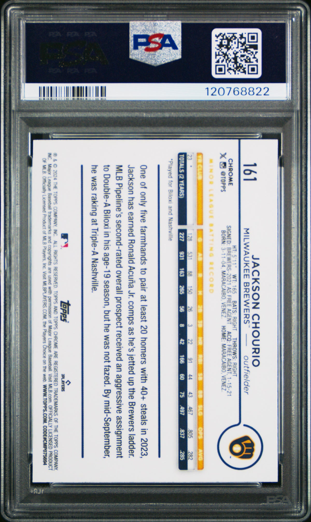 2024 Topps Chrome Jackson Chourio #161 X Fractor PSA 9