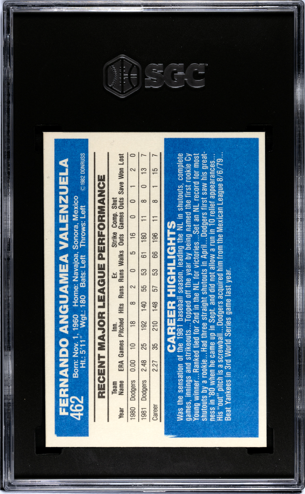1982 Donruss Fernando Valenzuela #462 SGC 8