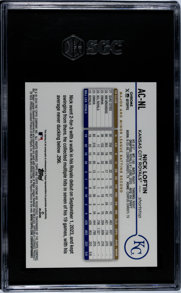 2024 Topps Chrome Nick Loftin #AC-NL Auto  Aqua Wave Refractor SGC 10 Auto 10