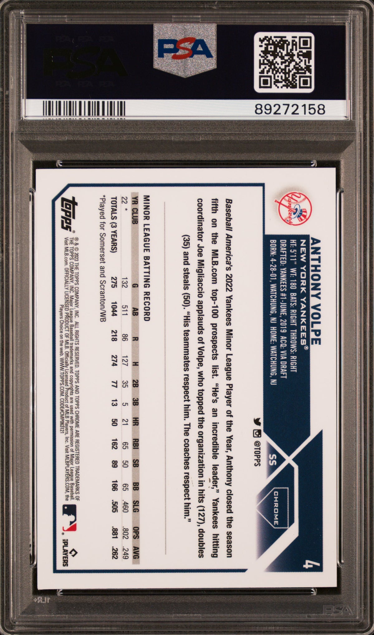 2023 Topps Chrome Anthony Volpe #4 Purple Refractor 043/250 PSA 9
