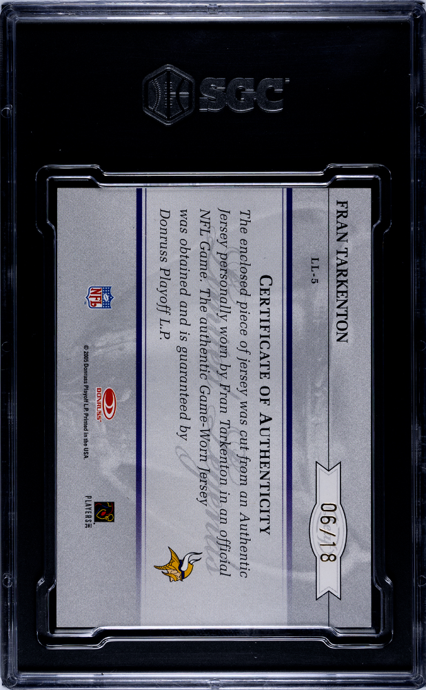 2005 Leaf Fran Tarkenton #LL-5 Legends Mat. Auto Jersey Number SGC Auto 10