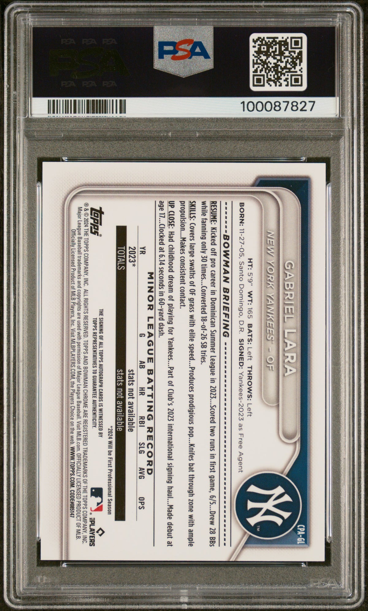 2024 Bowman Chrome Prospect Auto Gabriel Lara #CPAGL Purple Ref 002/250 PSA 9