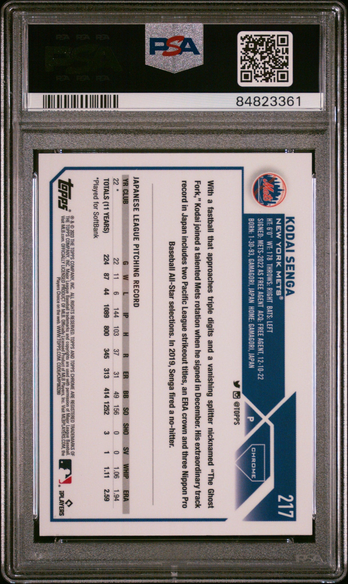 2023 Topps Chrome Logofractor Edition Kodai Senga #217 Blue Refractor /150 PSA 9