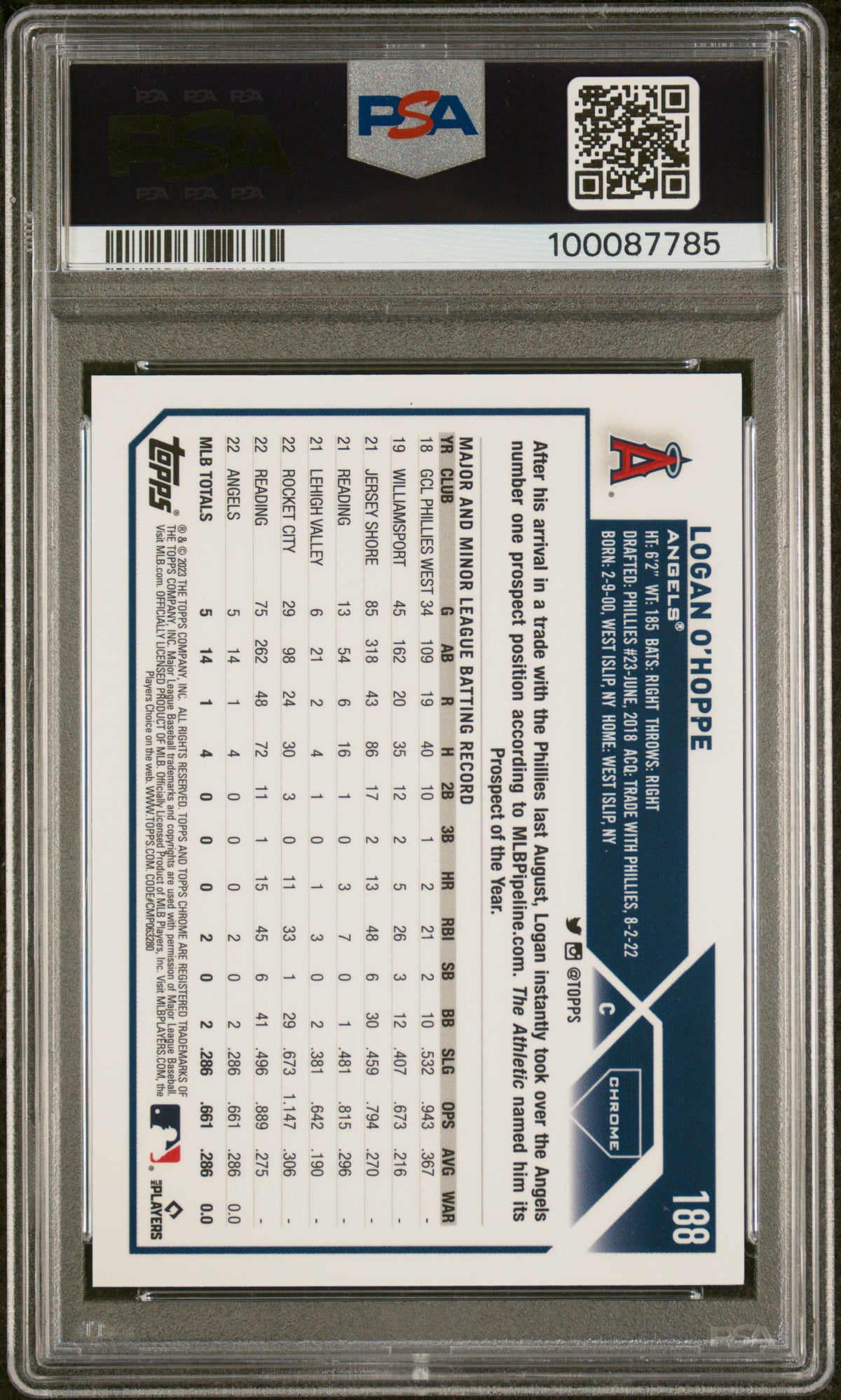 2023 Topps Chrome Logofractor Logan O'hoppe #188 Green Refractor /99 PSA 10