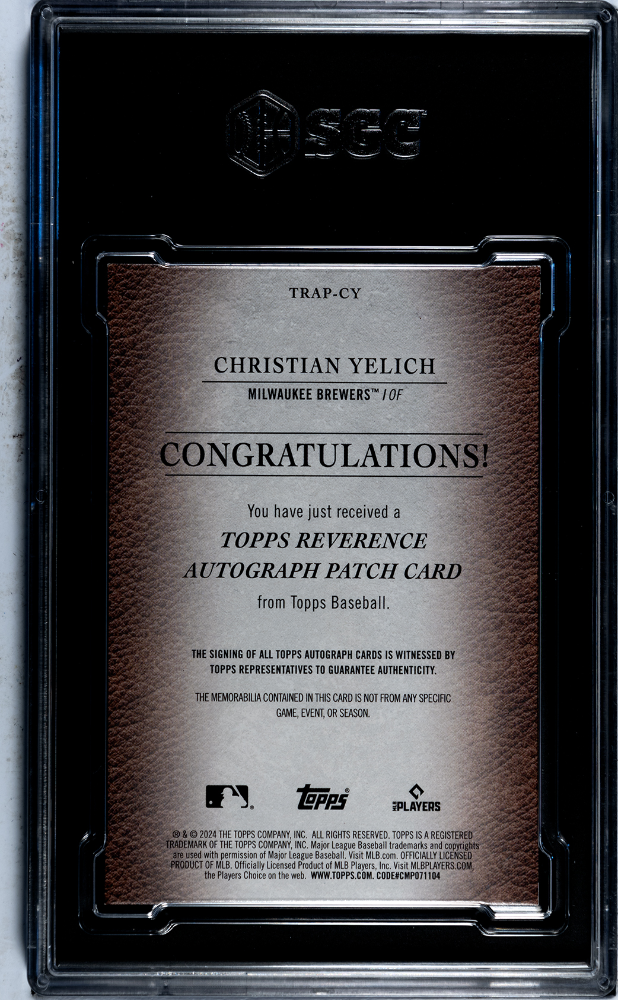 2024 Topps Christian Yelich #TRAP-CY Reverence Patch Auto /5 Red SGC 8 Auto 10