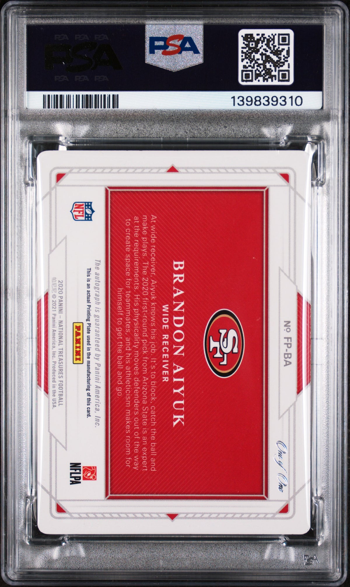 2020 Panini  Rookie Pass Brandon Aiyuk #16 RK. SG. FD. PS Black PP 1/1 PSA 7