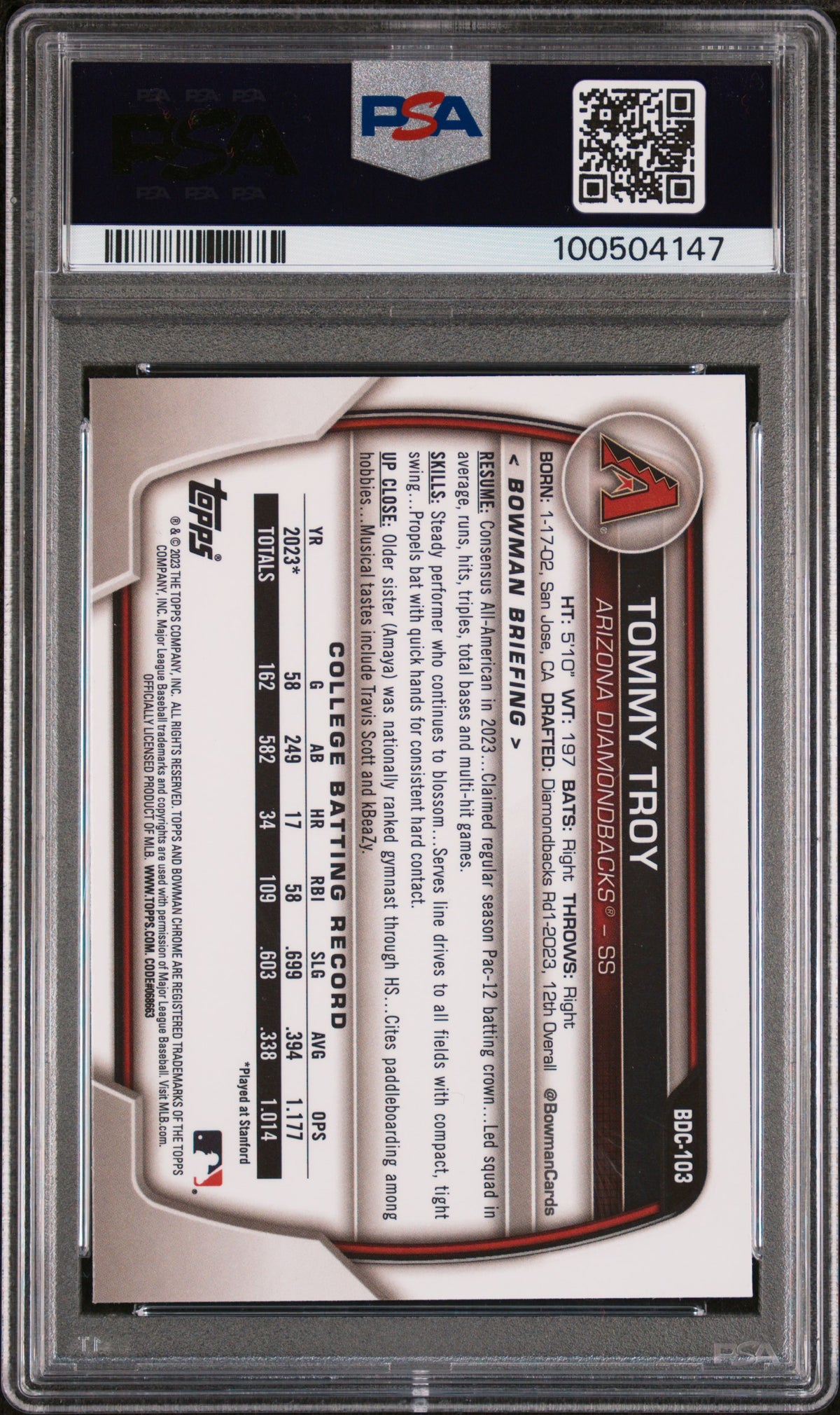 2023 Bowman Draft Sapphire Edition Tommy Troy #BDC103 PSA 10
