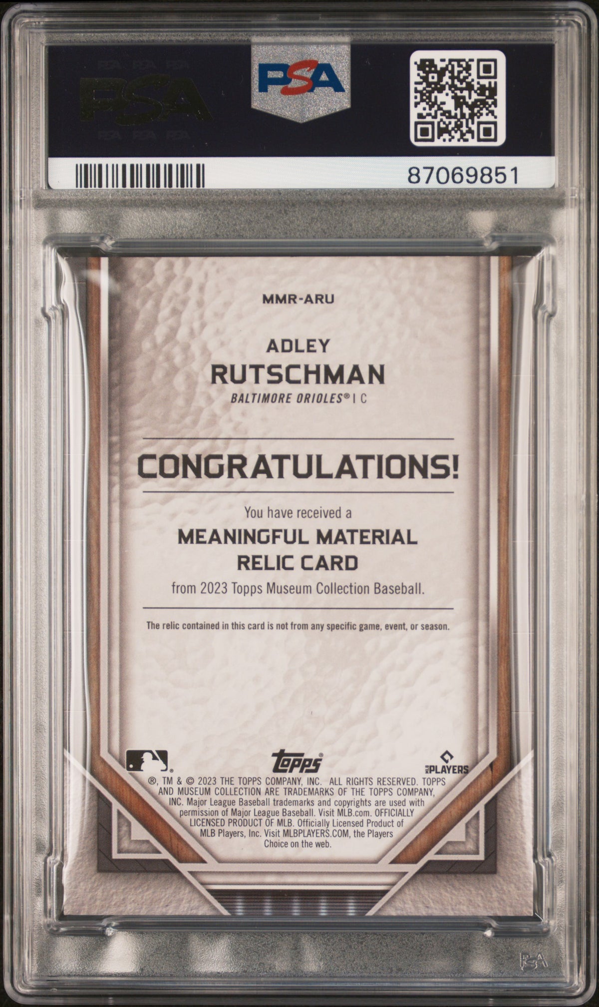 2023 Topps Museum Collection Materials Relics Adley Rutschman #ARU /15 PSA 8