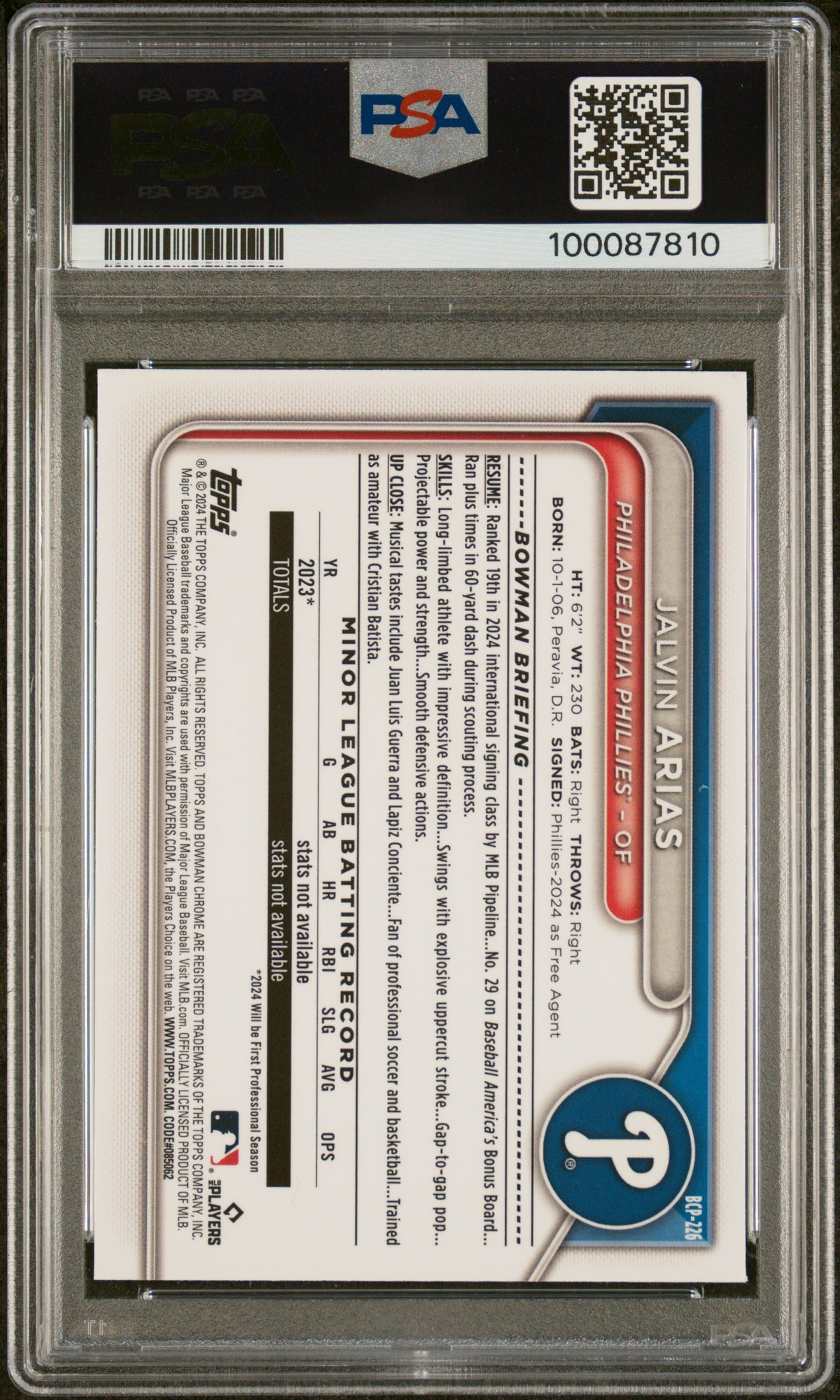2024 Bowman Chrome Prospects Jalvin Arias #BCP226 Green Shimmer 08/99 PSA 10