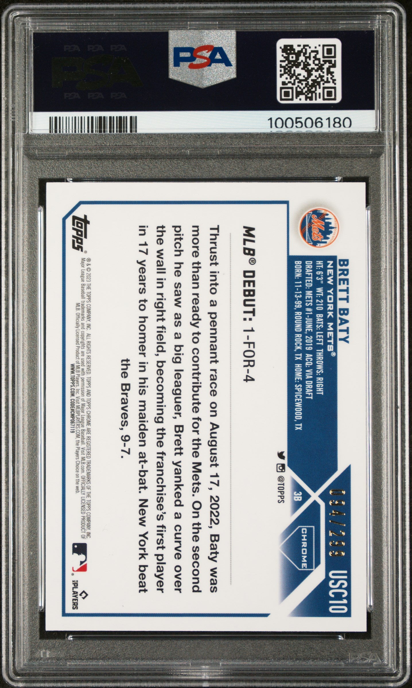 2023 Topps Chrome Update Brett Baty #USC10 Mag Purple Lava Lamp Ref PSA 9