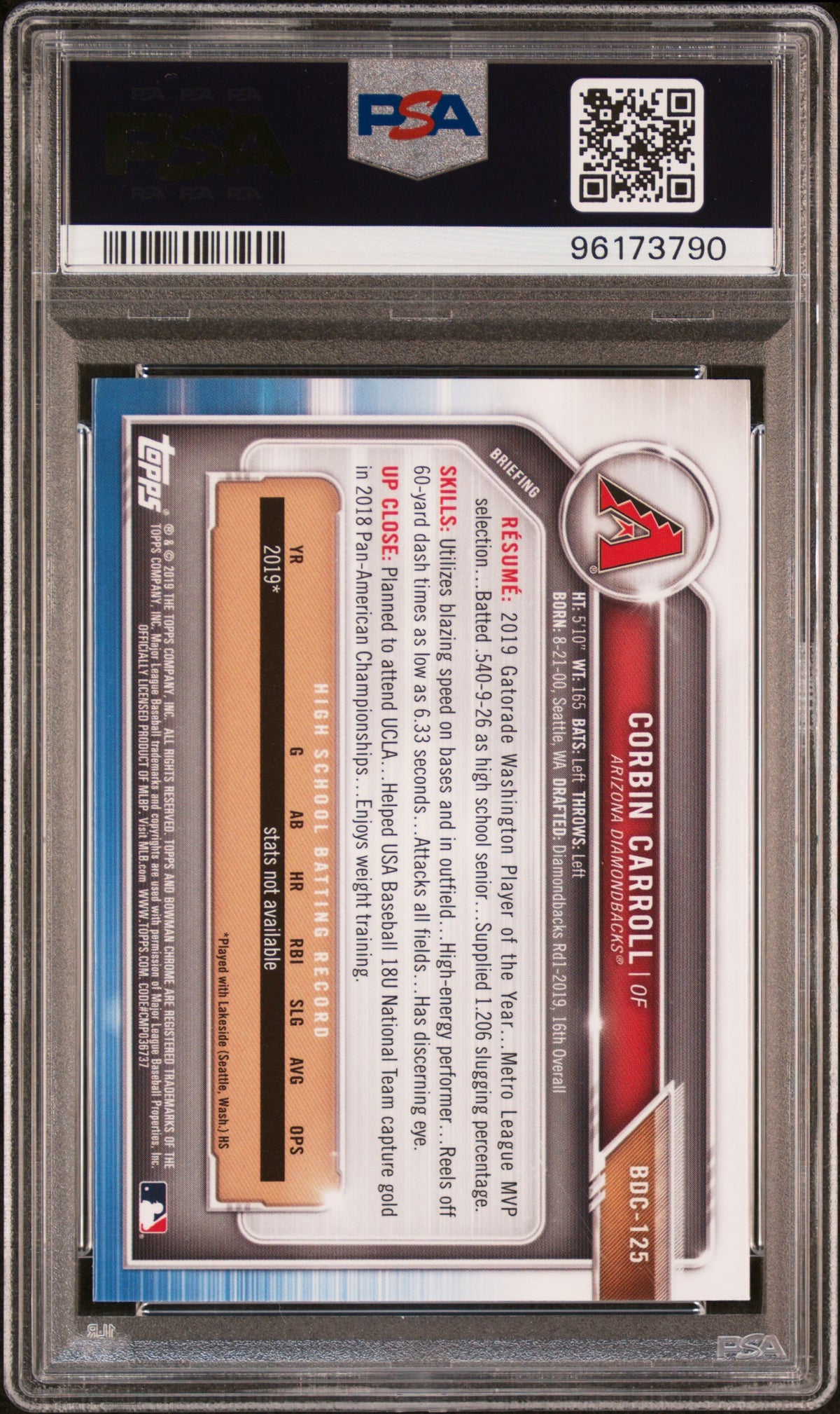 2019 Bowman Draft Corbin Carroll #BDC125 Chrome PSA 10