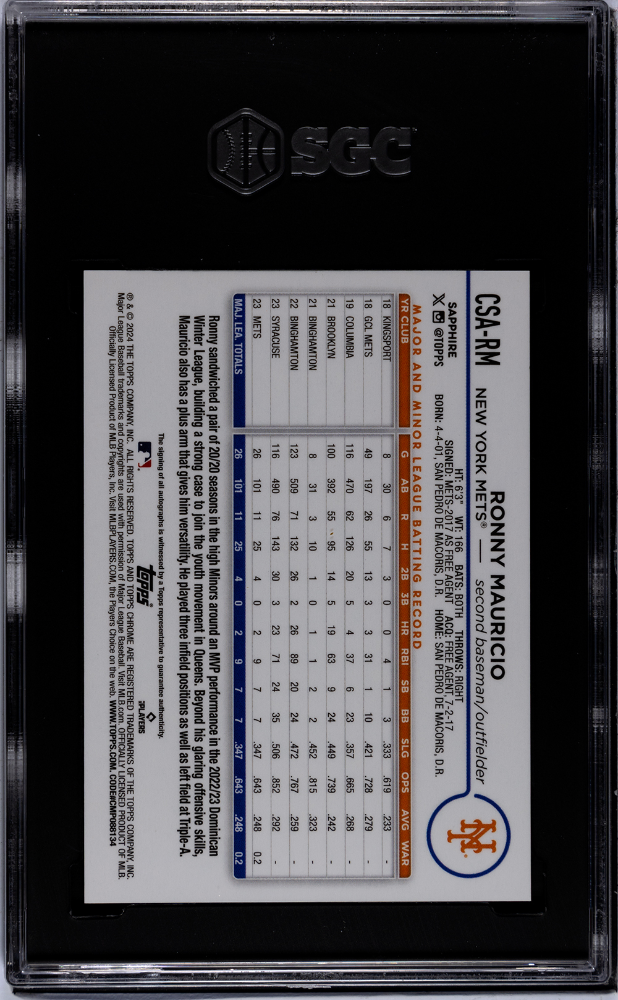 2024 Topps Chrome Sapphire Ronny Mauricio #CSA-RM Autograph Green SGC 10 Auto 10