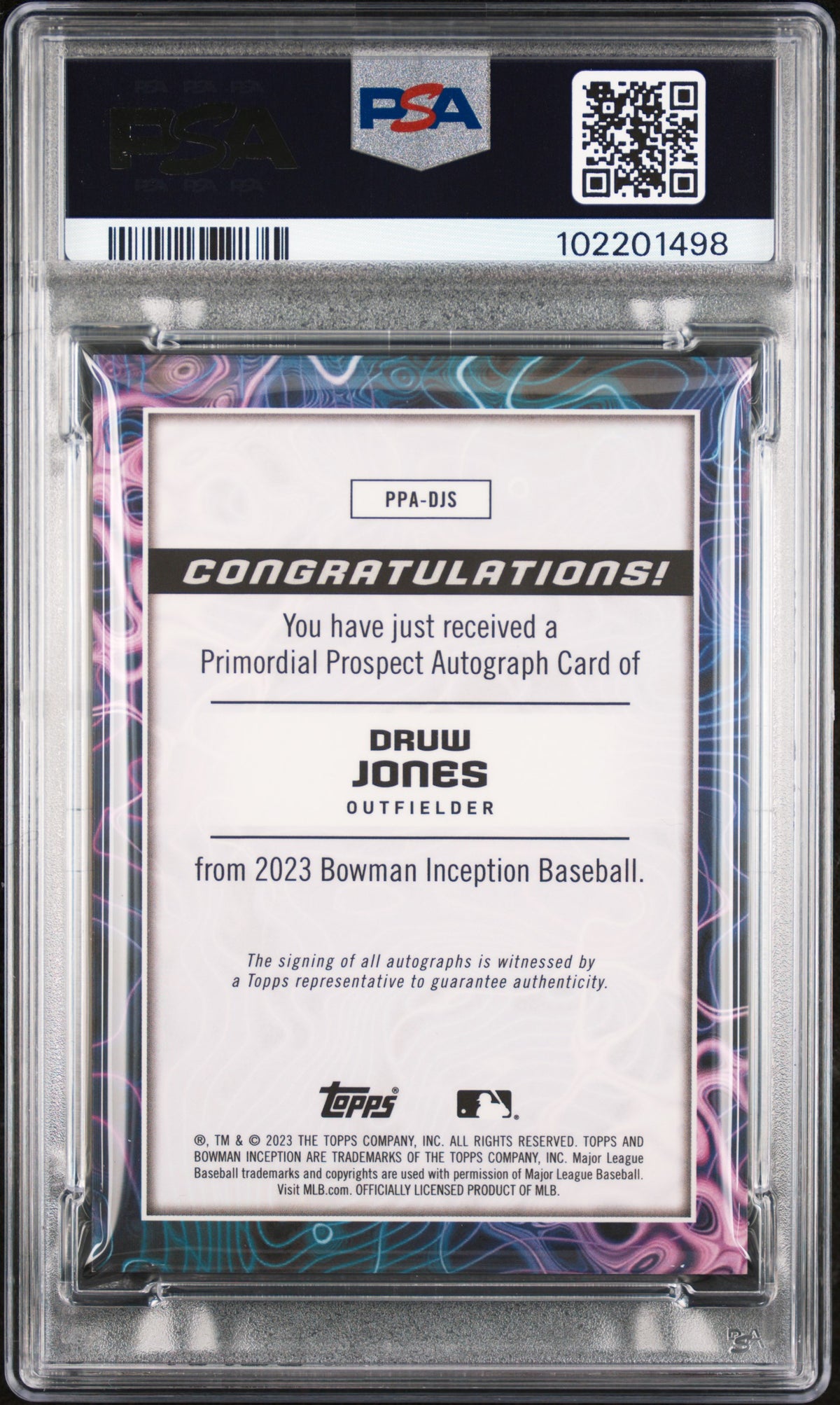 2023 Bowman Inception Auto Druw Jones #PPADJS Ppa Gold  Electricity /50 PSA 10
