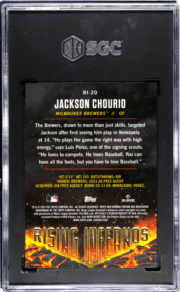 2024 Bowman Jackson Chourio #RI-20 Rising Infernos Aqua Refractor SGC 8