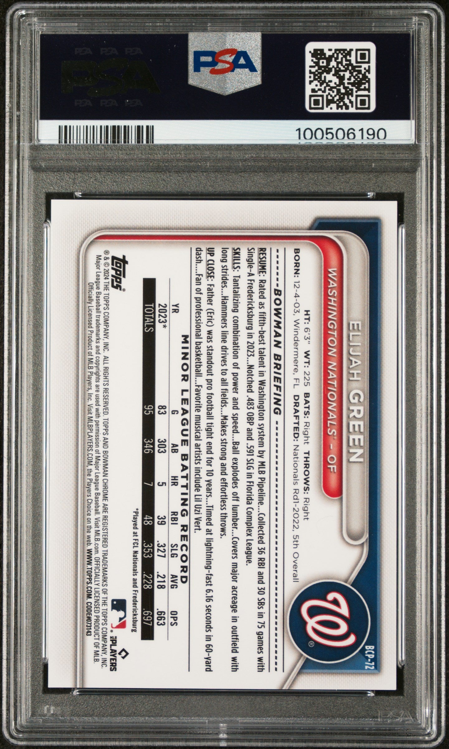 2024 Bowman Chrome Prospects Elijah Green #BCP72 Yellow Ref /75 PSA 10