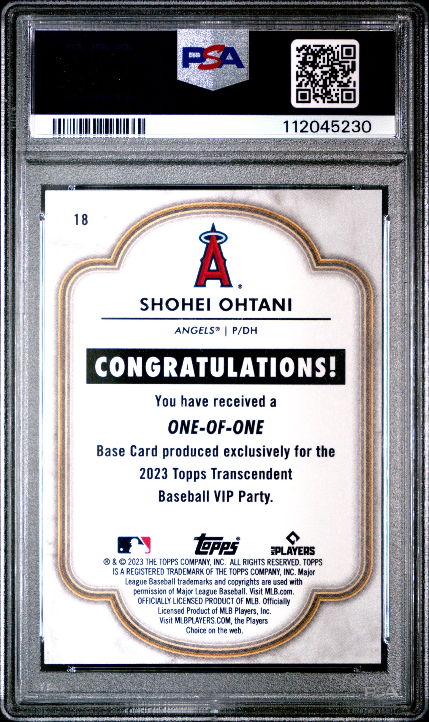 2023 Topps Transcendent Vip Party Shohei Ohtani #18 2 Blue Light Blue 1/1 PSA