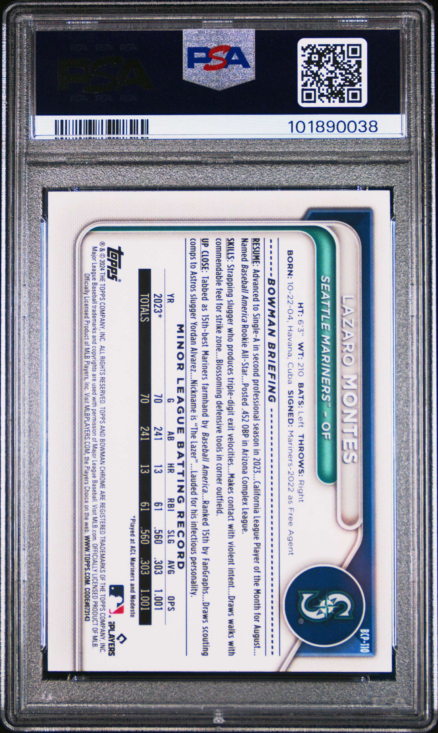2024 Bowman Chrome Prospects Lazaro Montes #BCP110 Prspcts Lunar Glow Ref PSA 9