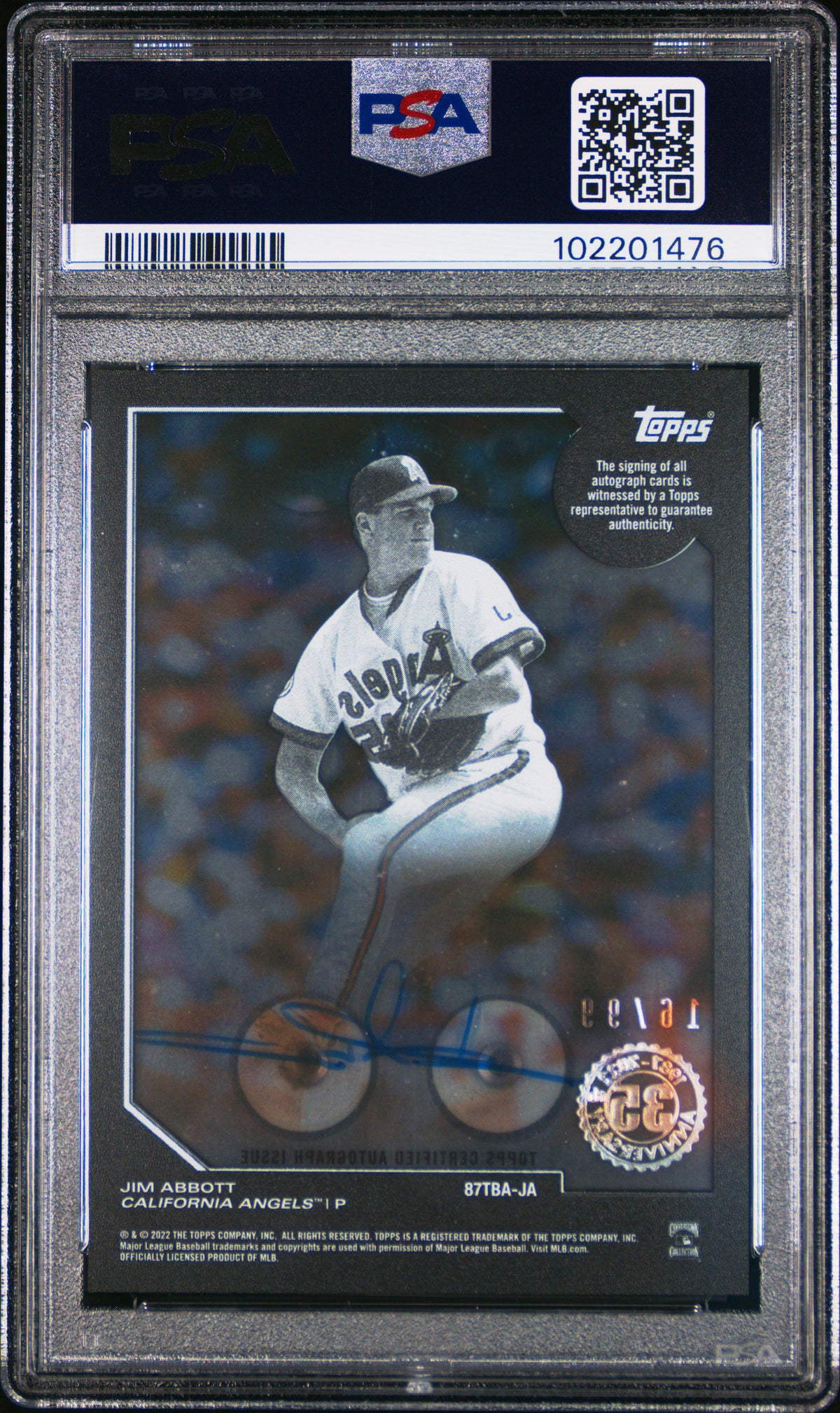 2022 Topps Clearly 1987 Topps  Auto Jim Abbott #JA BB. Au Green / 99 PSA