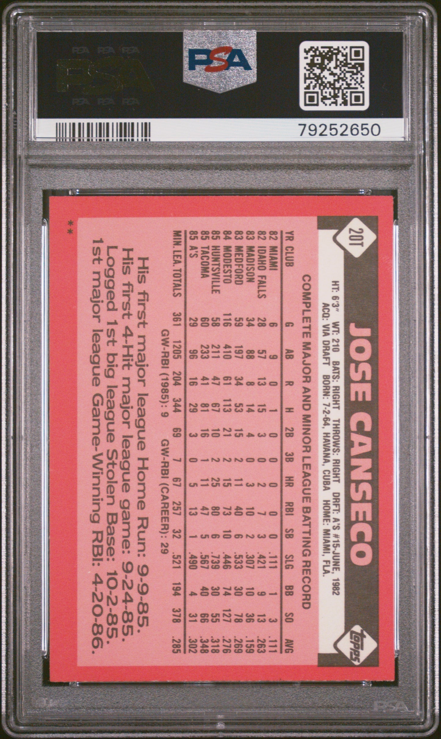 1986 Topps Traded Jose Canseco #20T PSA 8