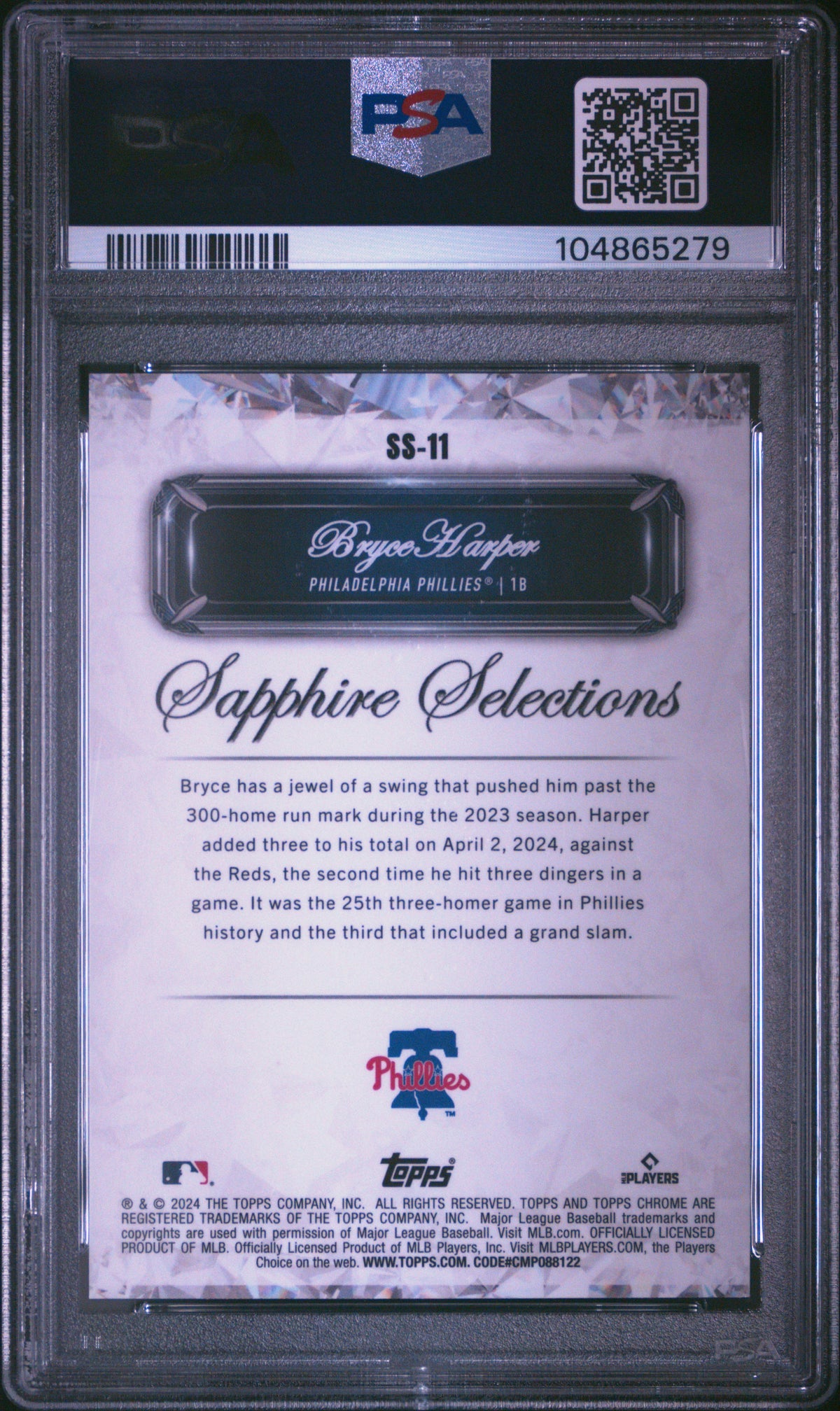 2024 Topps Chrome Sapphire Sapphire Bryce Harper #SS11 Orange 20/25 PSA 10