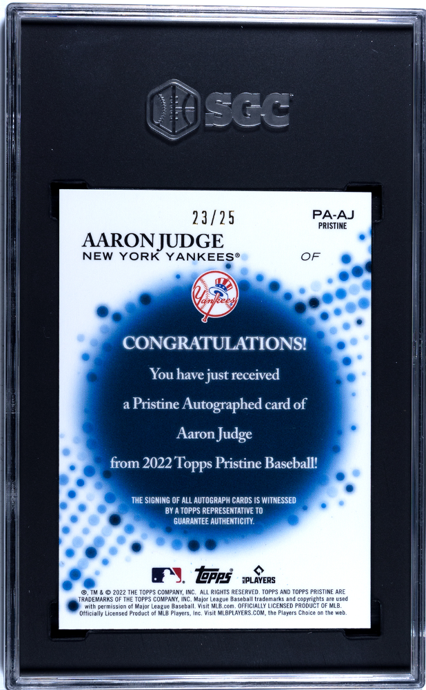 2022 Topps Pristine Aaron Judge #PA-AJ Auto Orange Refractor 25 SGC 10 Auto 10