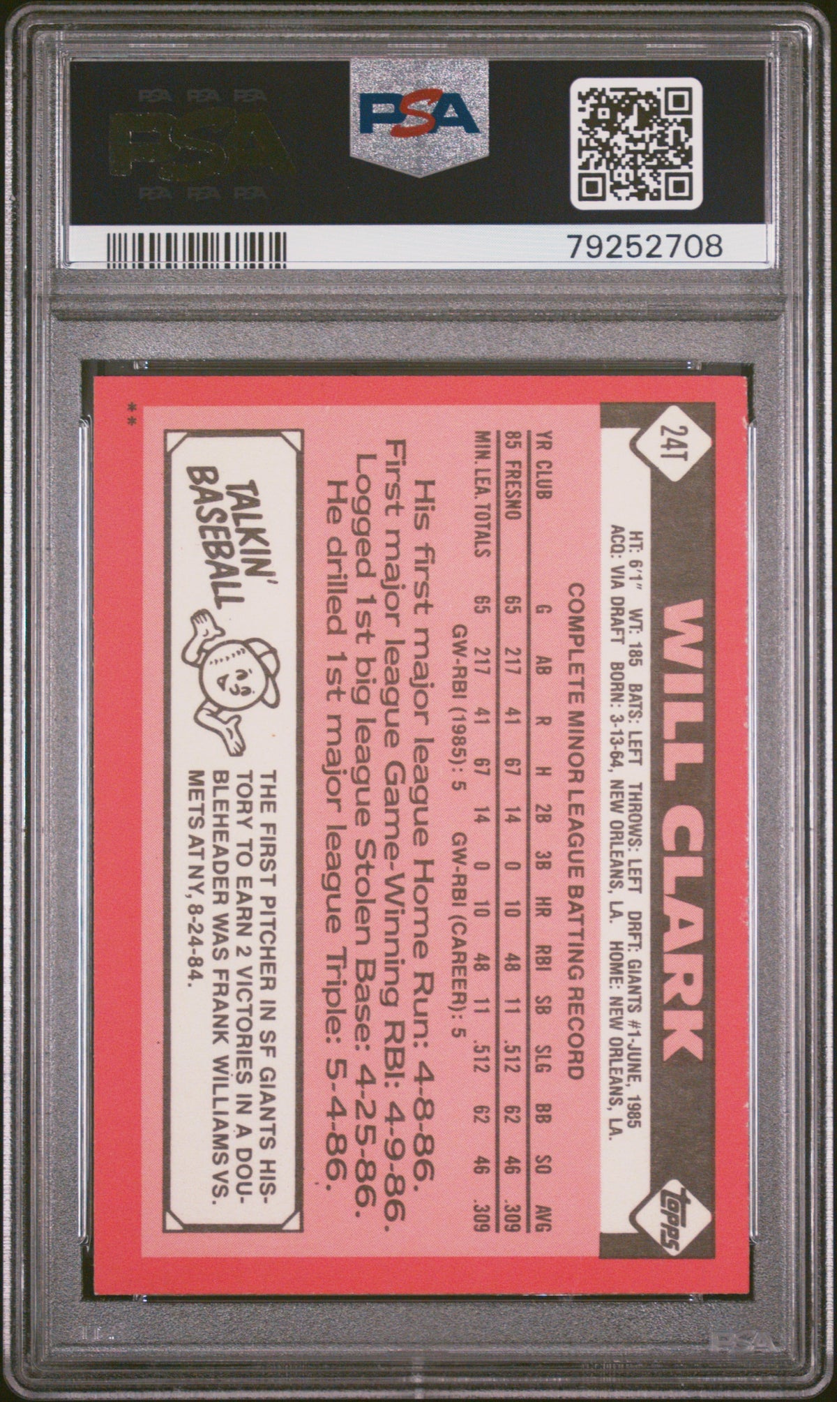 1986 Topps Traded Will Clark #24T PSA 9
