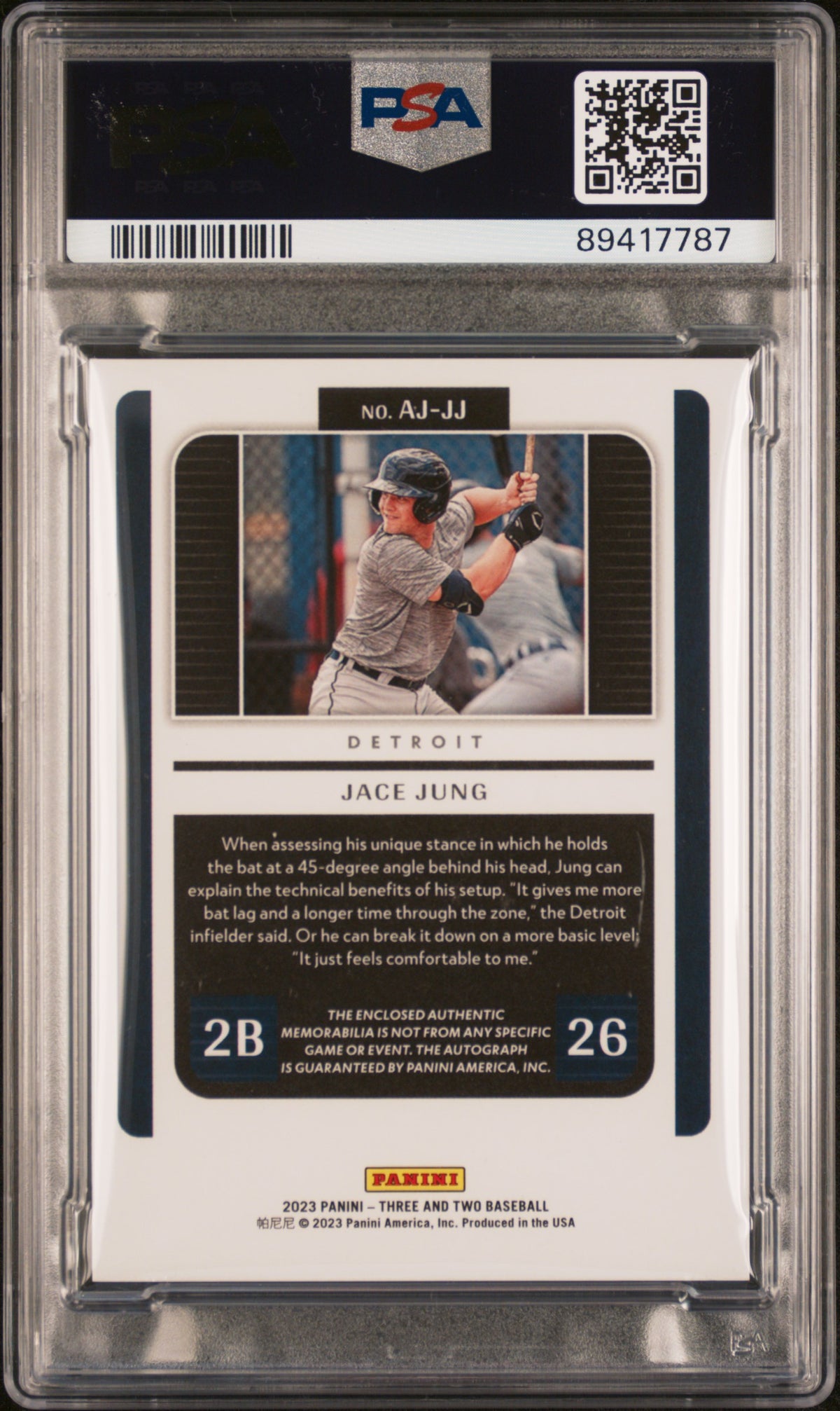 2023 Panini Three And Two Autographed Jerseys Jace Jung #AJJJ Jsy Black PSA 9