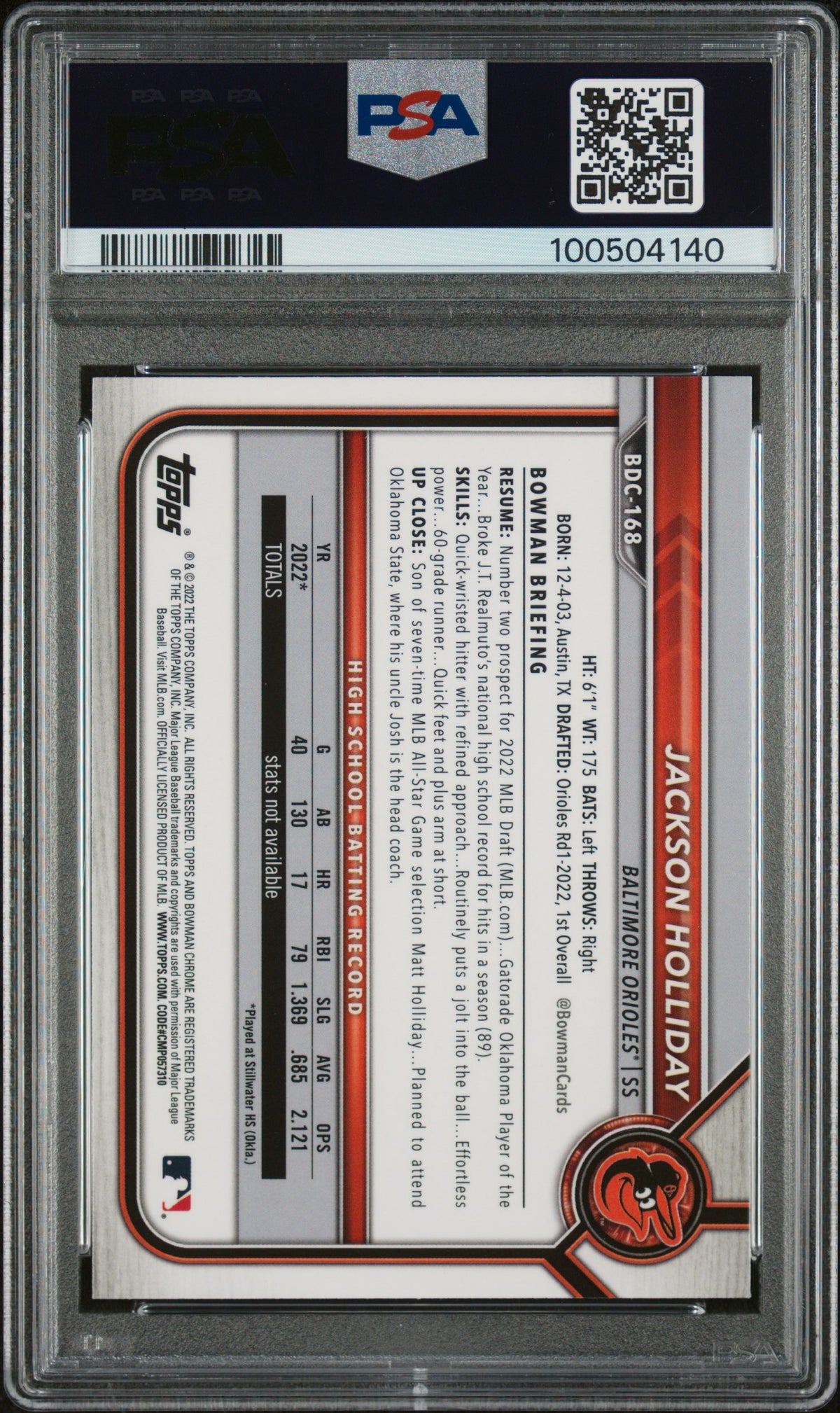 2022 Bowman Draft Jackson Holliday #BDC168 Chrome PSA 10