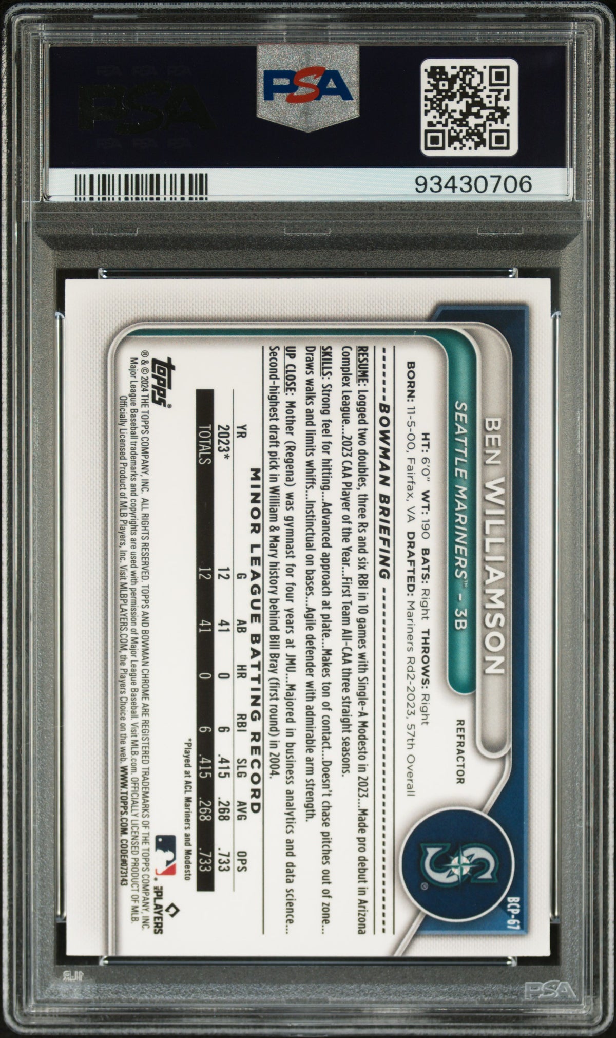 2024 Bowman Chrome Prospects Ben Williamson #BCP67 Ref 491/499 PSA 9