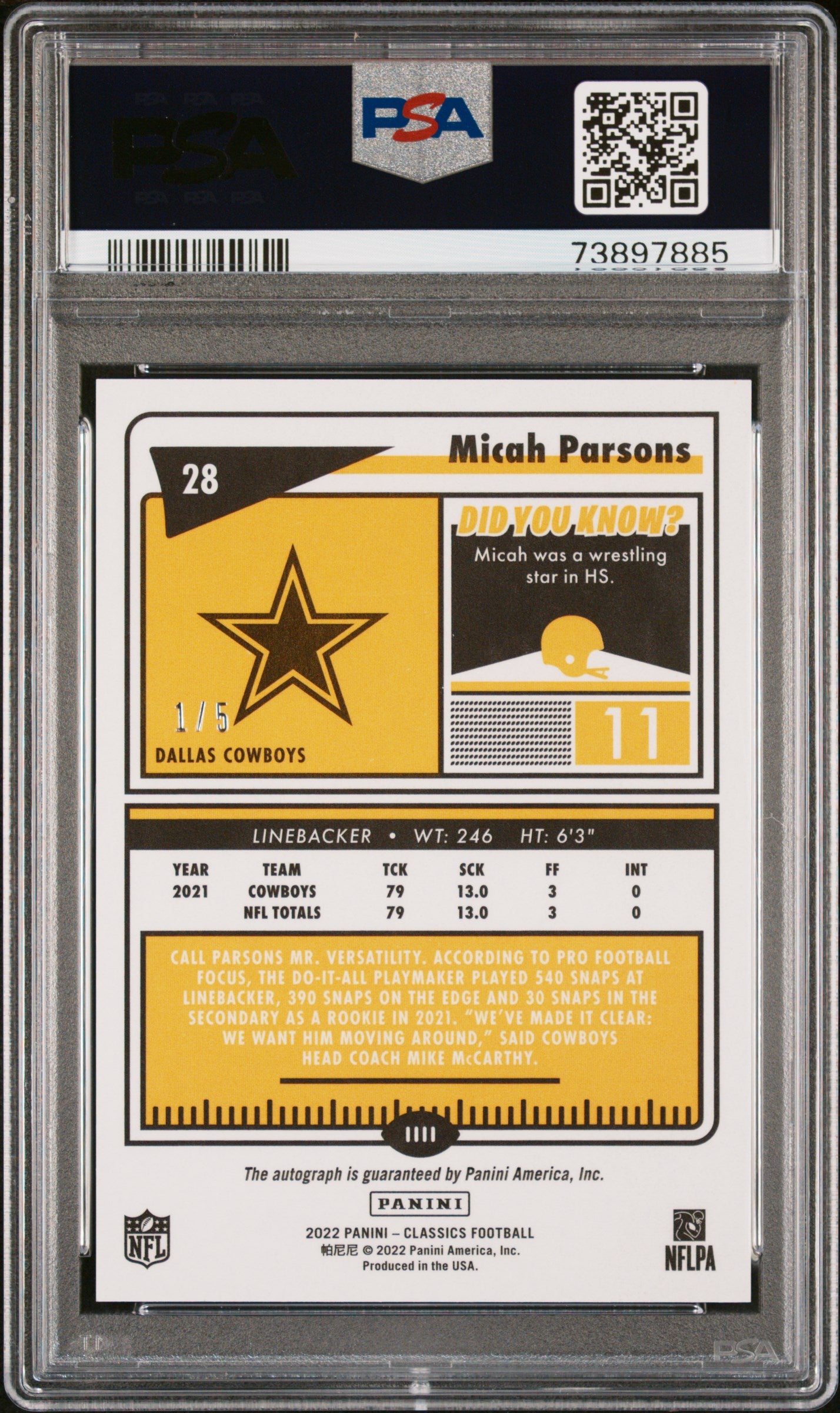 2022 Panini Classics Micah Parsons #28 E Significant SIG Blue PSA 9 Auto 8