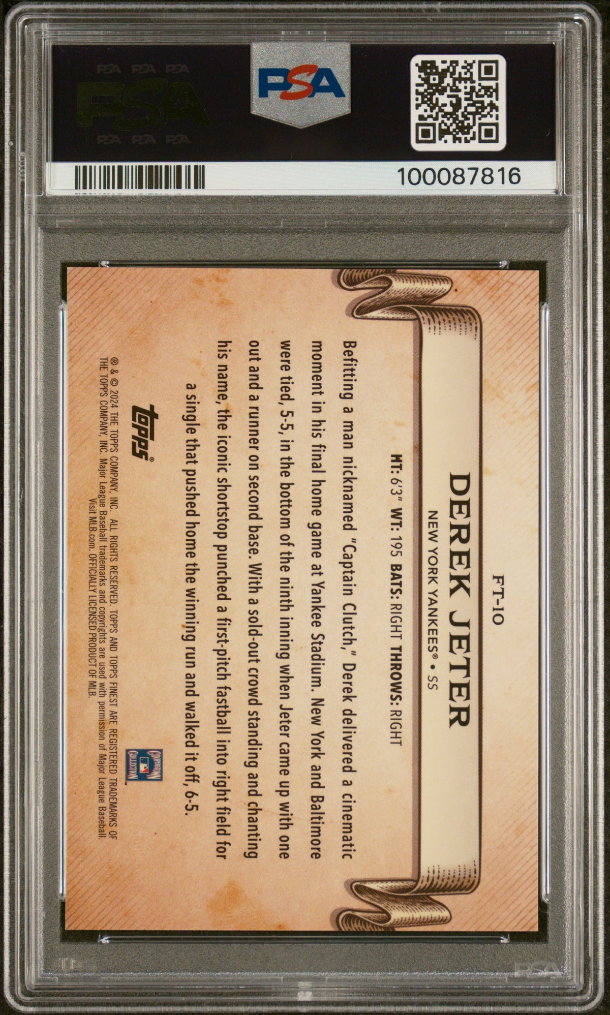2024 Topps Finest Finest Timelines Derek Jeter #FT10 Purple Refractor /125 PSA 9