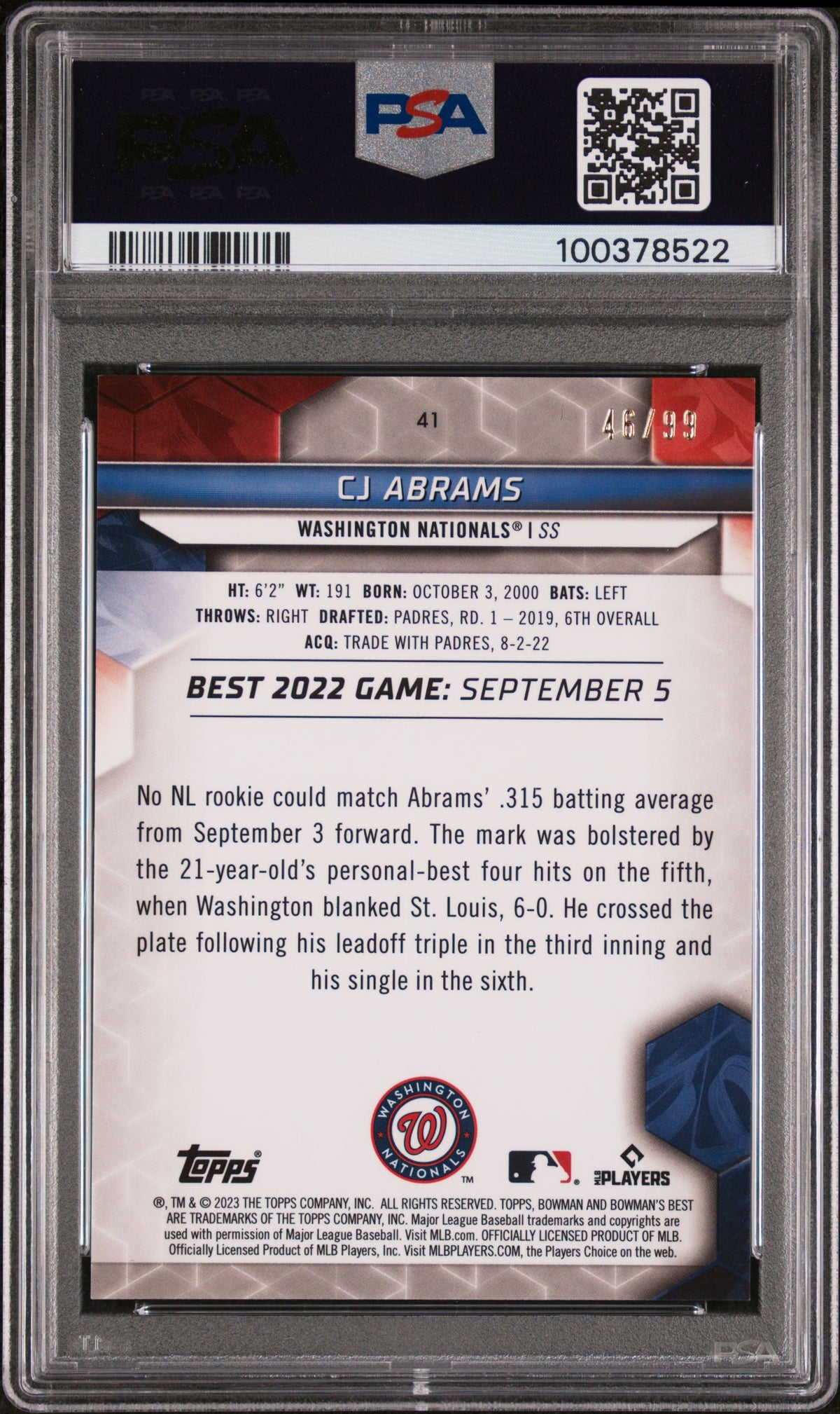 2023 Bowman's Best CJ Abrams #41 Green Refractor PSA 10