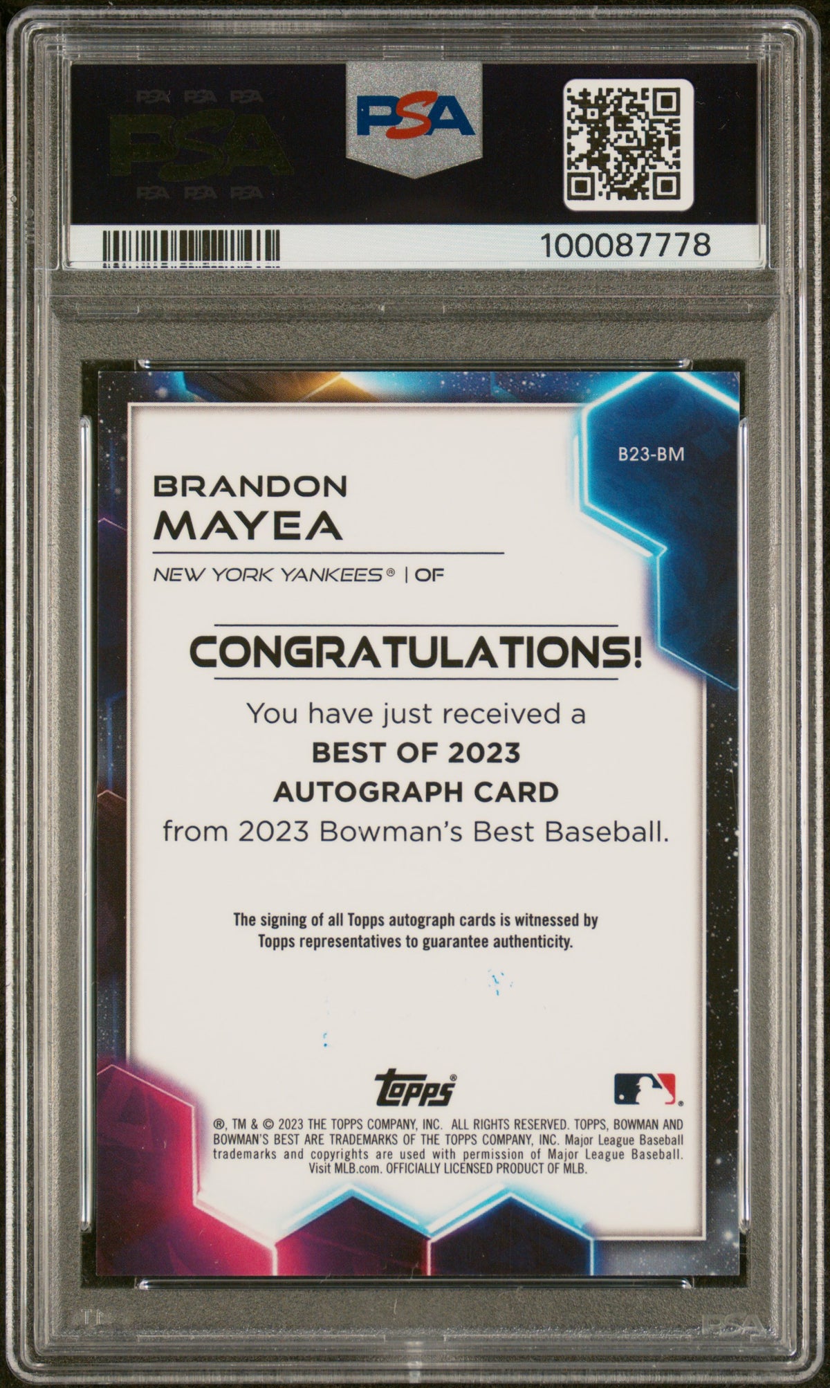 2023 Bowman's Best Best Of 2023 Autographs Brandon Mayea #B23BM PSA 9