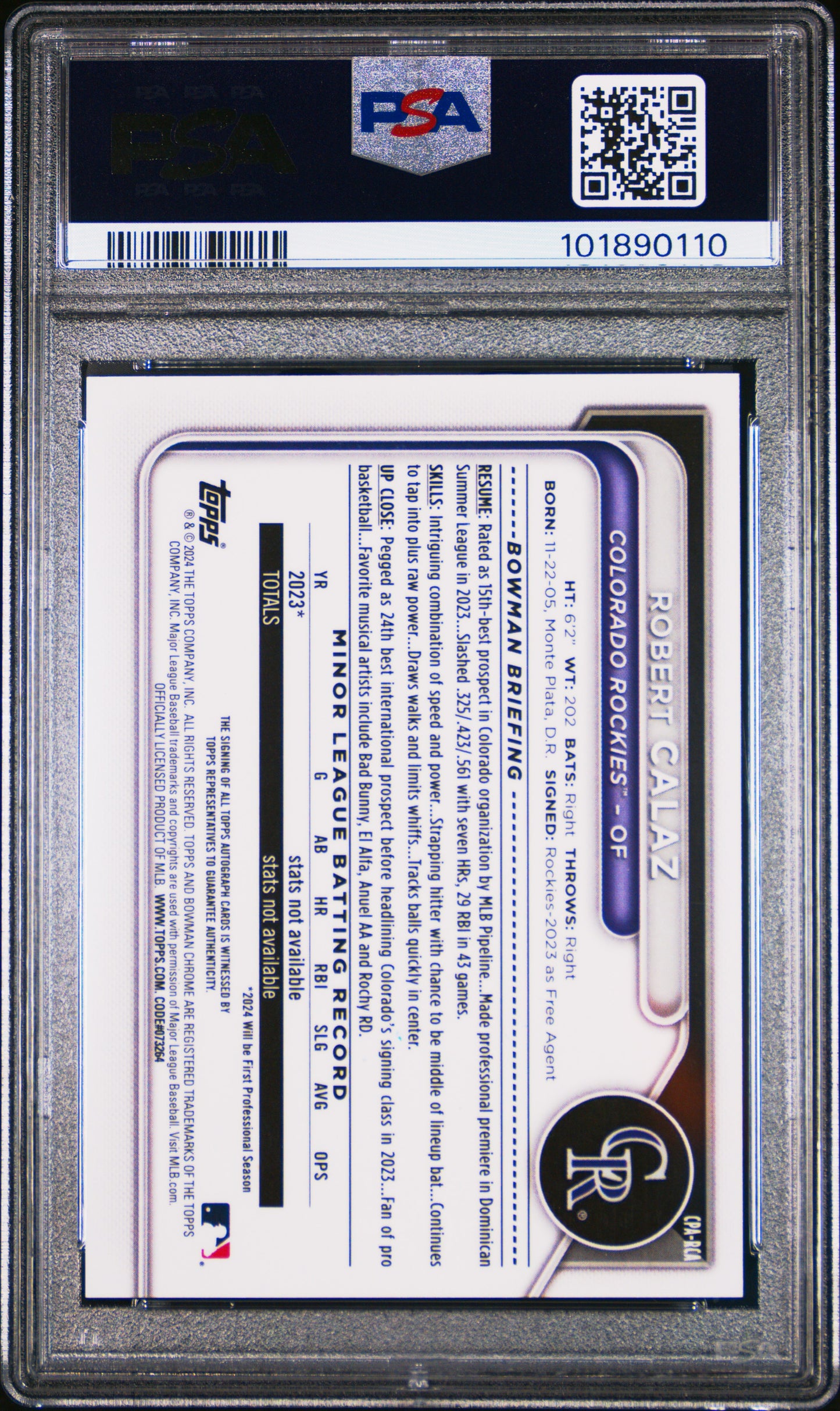 2024 Bowman Chrome Prospect Auto Robert Calaz #CPARCA Orange Ref /25 PSA 9