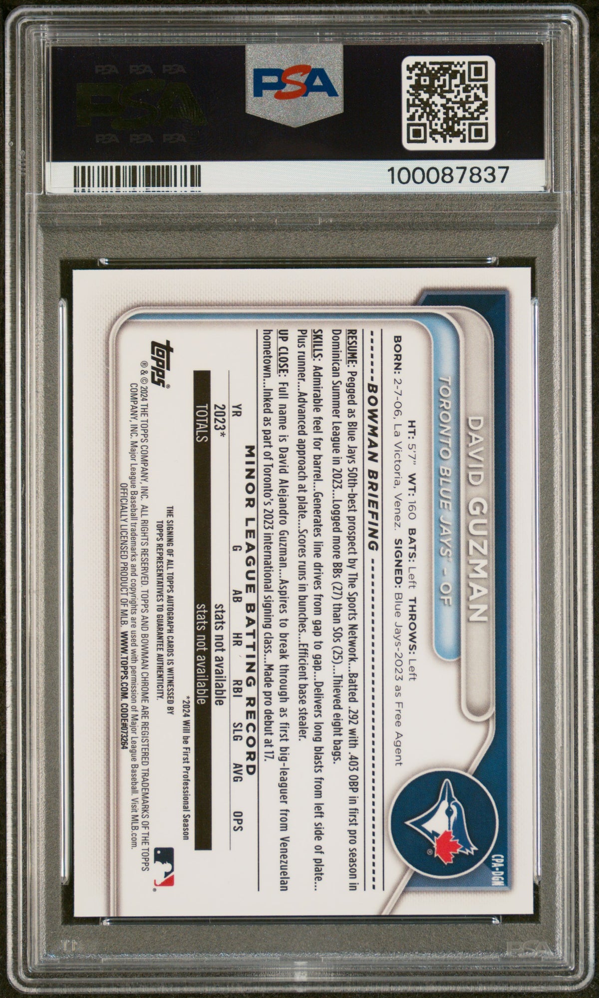 2024 Bowman Chrome Prospect Autographs David Guzman #CPADGN PSA 10