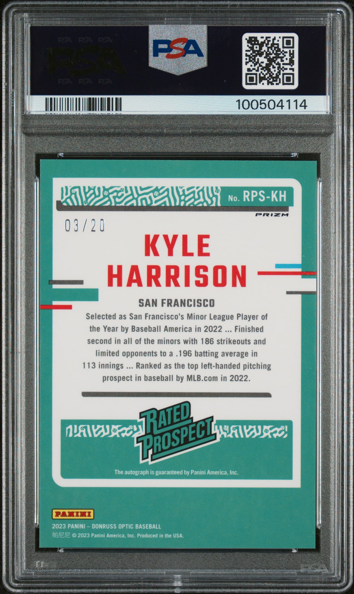 2023 Panini Donruss Optic Rated Prospect Auto Kyle Harrison Blue Mojo PSA 10