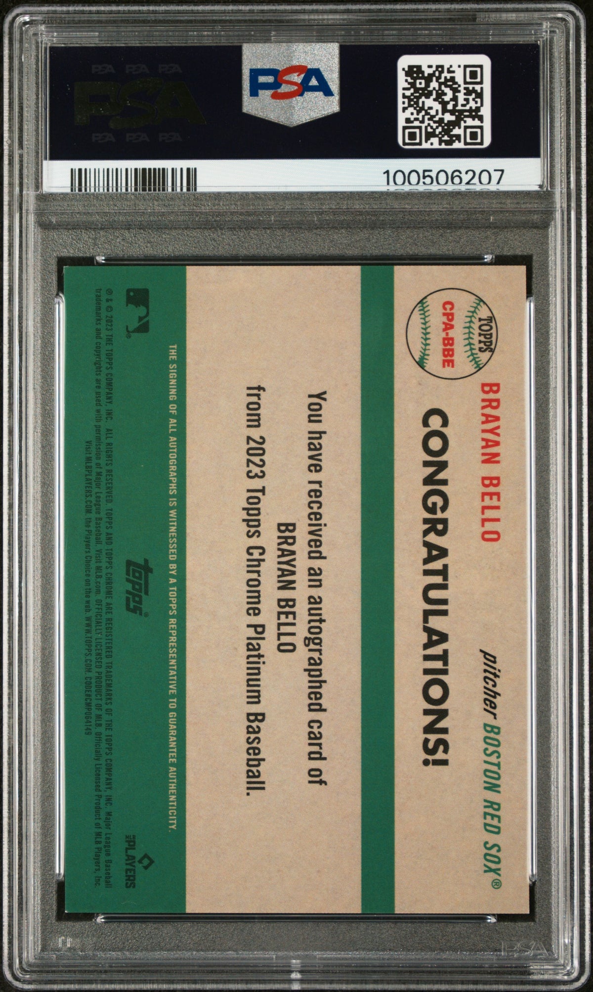 2023 Topps Chrome Platinum  Auto Brayan Bello #BBE Gold Refractor /50 PSA 9