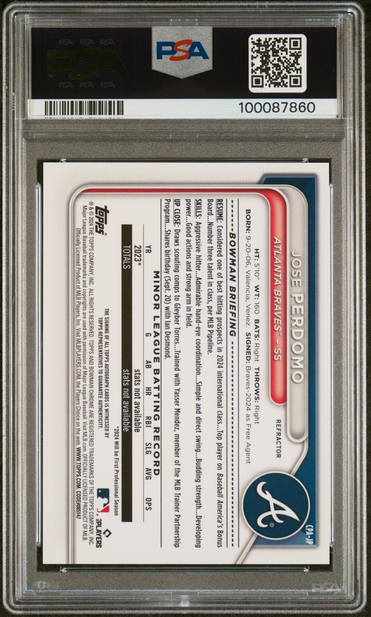 2024 Bowman Chrome Prospect Autographs Jose Perdomo #CPAJP Refractor/499 PSA 10