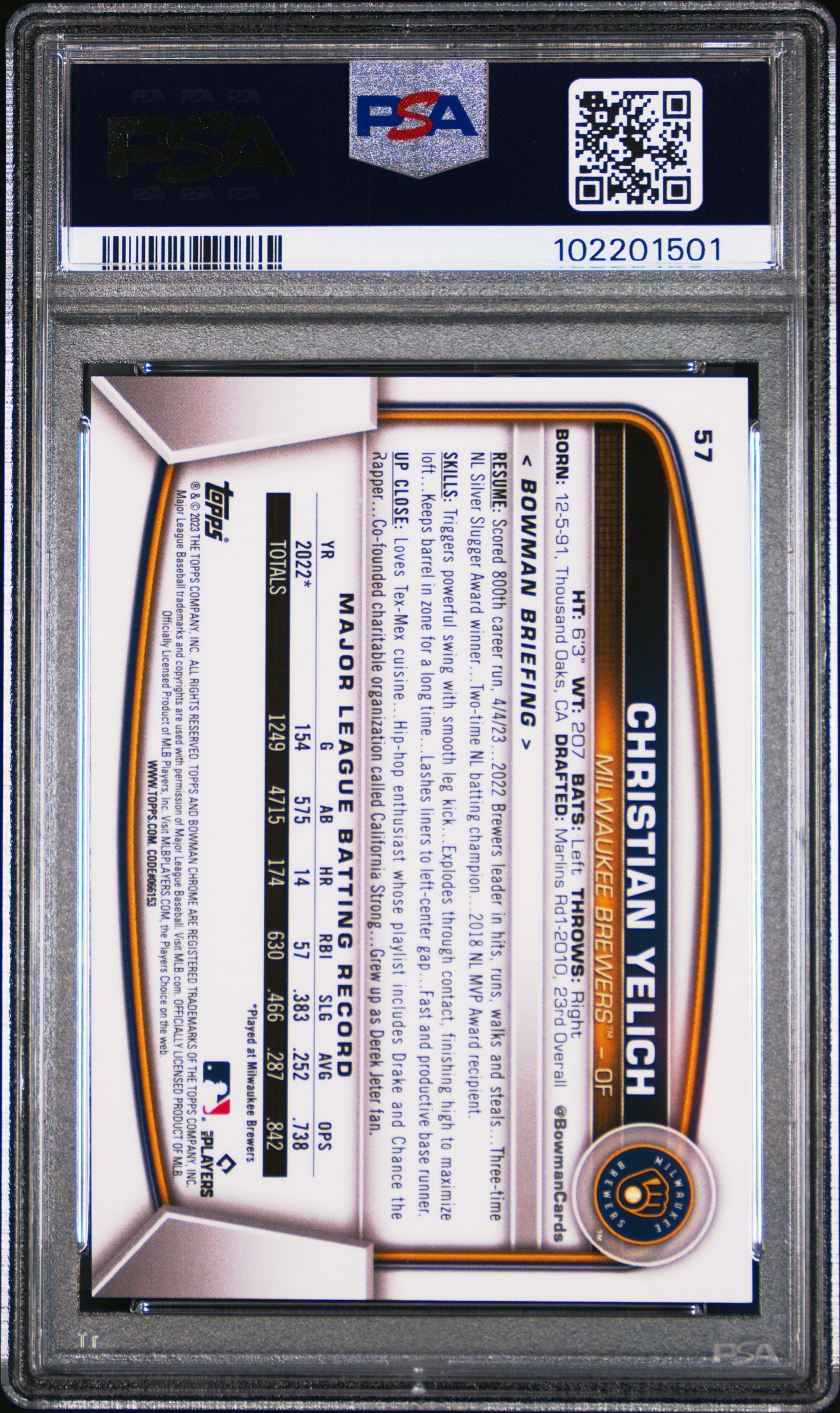 2023 Bowman Chrome Sapphire Edition Christian Yelich #57 Orange 21/75 PSA 9