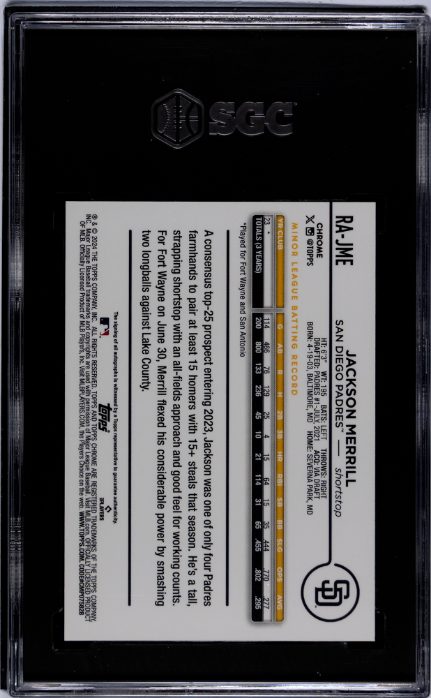 2024 Topps Chrome Jackson Merrill #RA-JME RK. Blue Raywave Refractor SGC 8.5