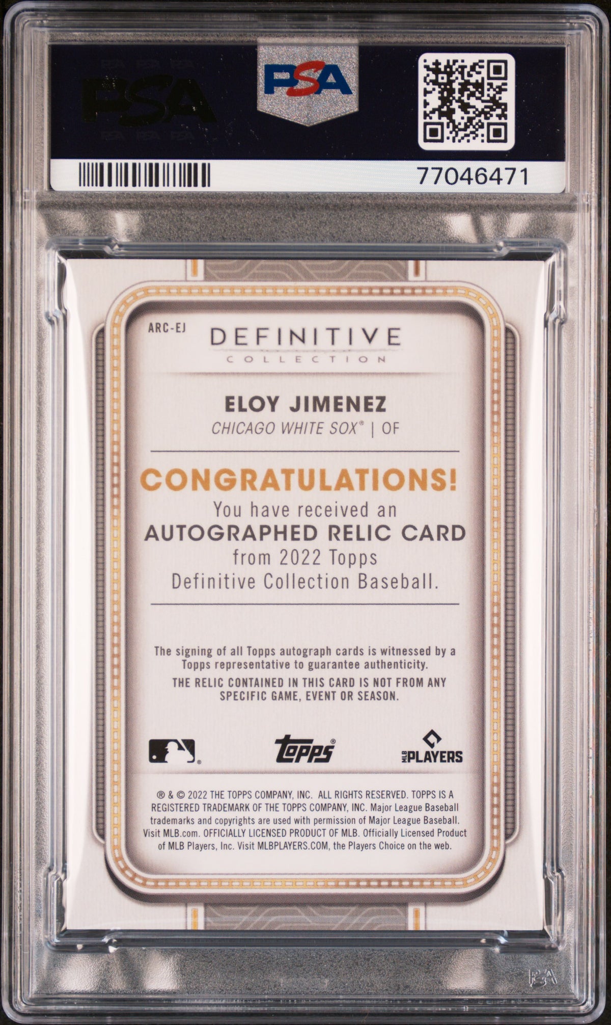 2022 Topps Definitive Relic Eloy Jimenez #ARCEJ Auto Relic Purple 03/10 PSA 10