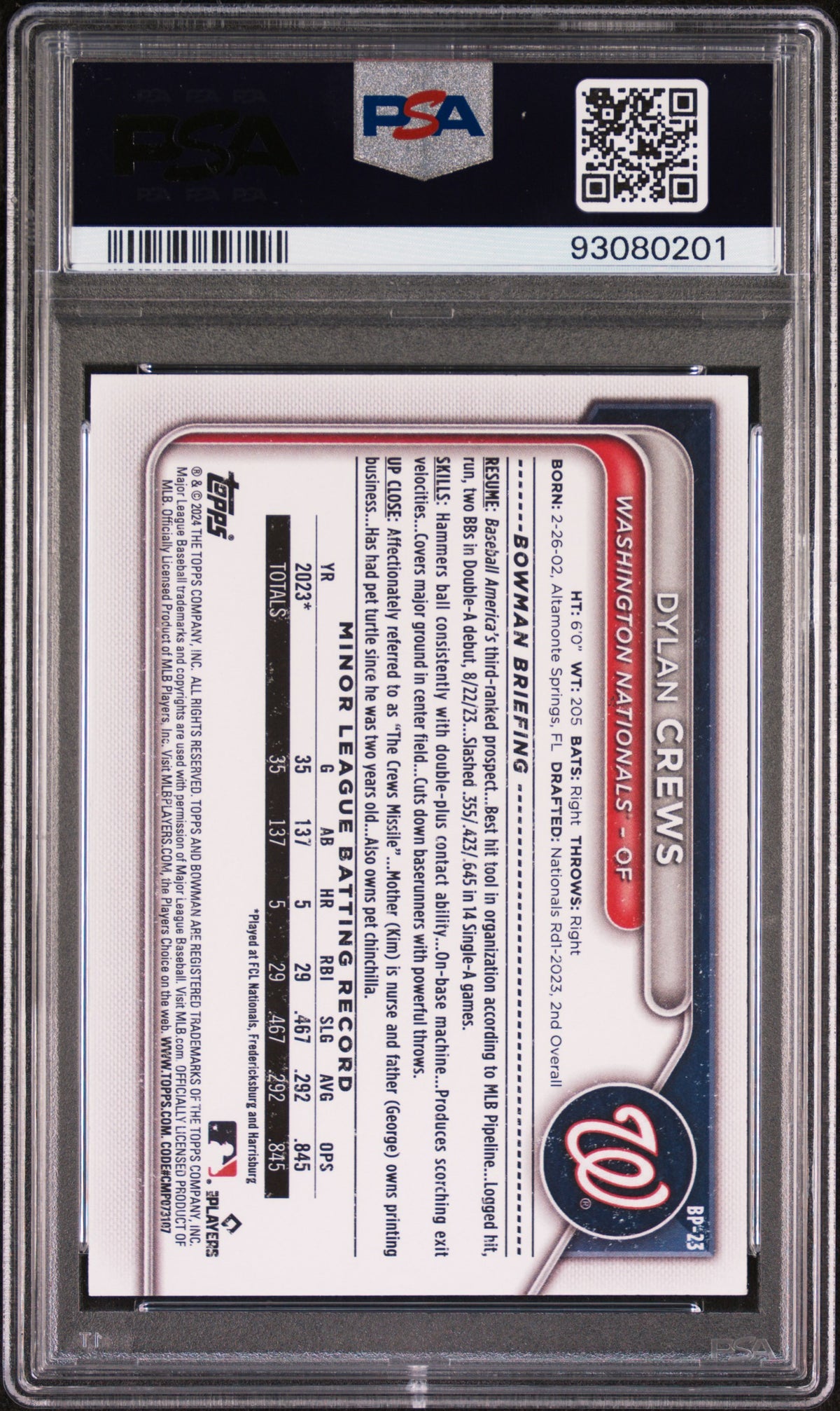 2024 Bowman Paper Prospects Dylan Crews #BP23 PSA 8