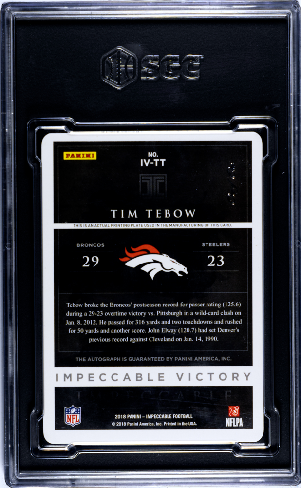 2018 Panini Impeccable Tim Tebow #IV-TT Victory Magenta Plate SGC A Auto 10