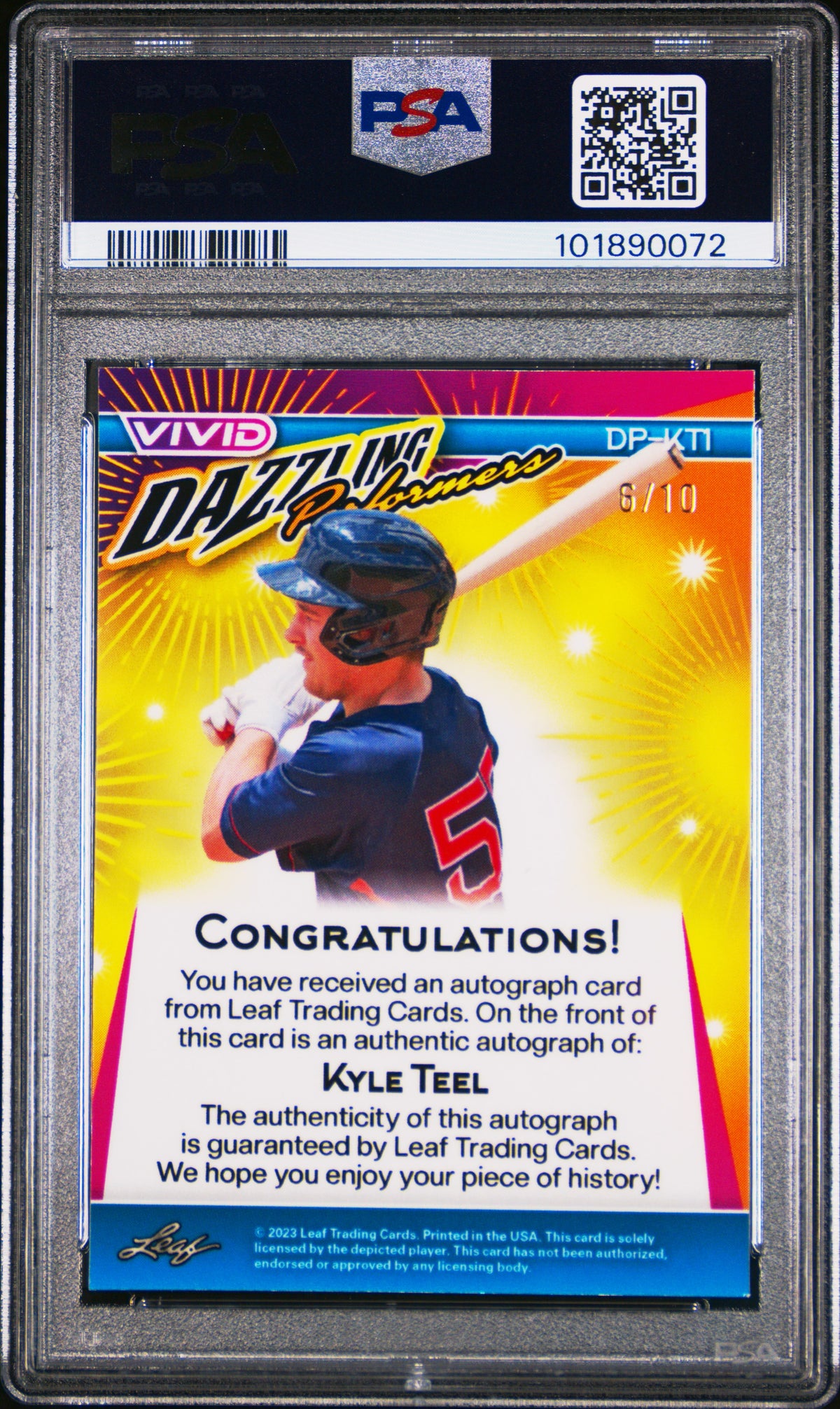 2023 Leaf Vivid  Performers Auto Kyle Teel #DPKT1 DP Yellow Crystal PSA 9