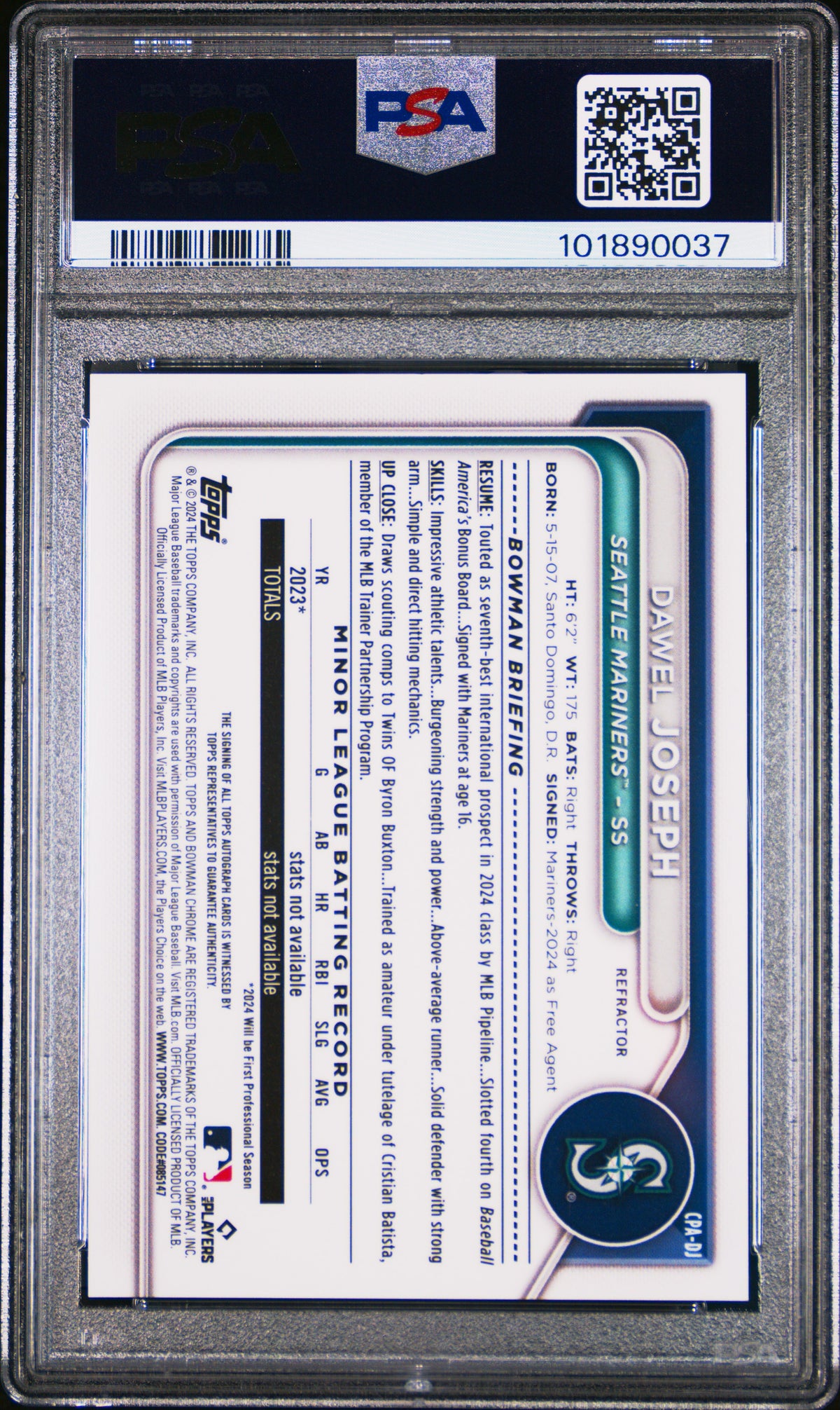 2024 Bowman Chrome Prospect Auto Dawel Joseph #CPADJ Refractor 240/499 PSA 9