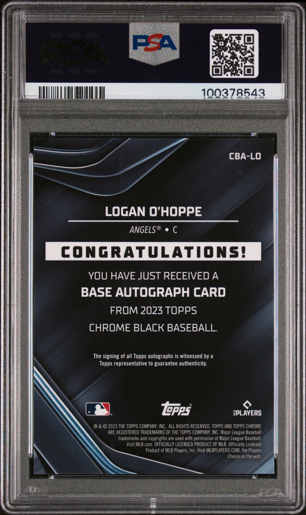 2023 Topps Chrome Black Auto Logan O'hoppe #LO Gold Mini Diamond Ref /50 PSA 9