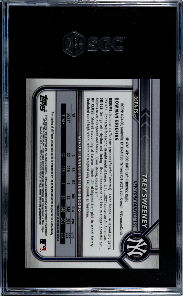 2022 Bowman Sapphire Trey Sweeney #BSPA-TS  Orange Refractor SGC Auto 10