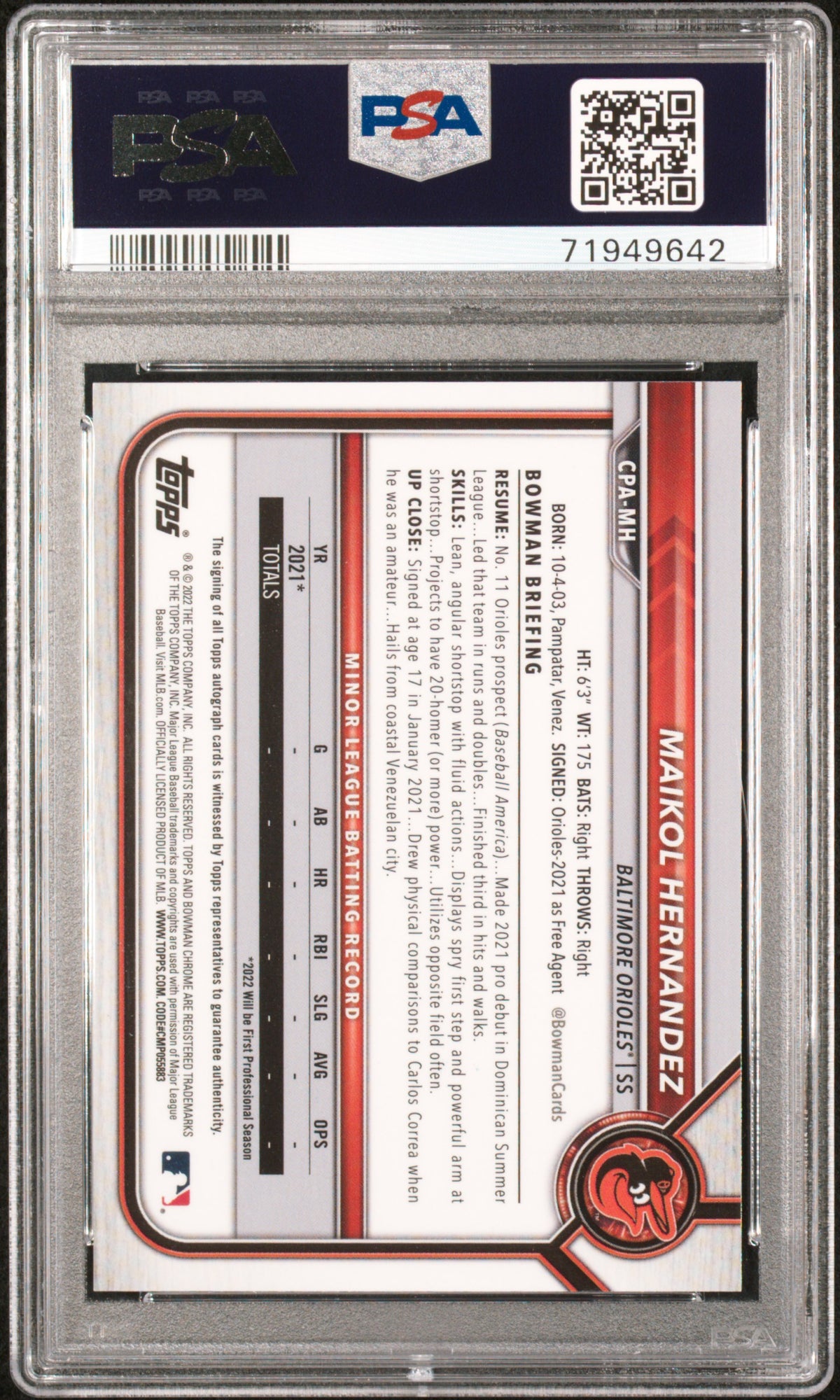 2022 Bowman  Prospect Auto Maikol Hernandez Au Orange Wave Refractor /25 PSA